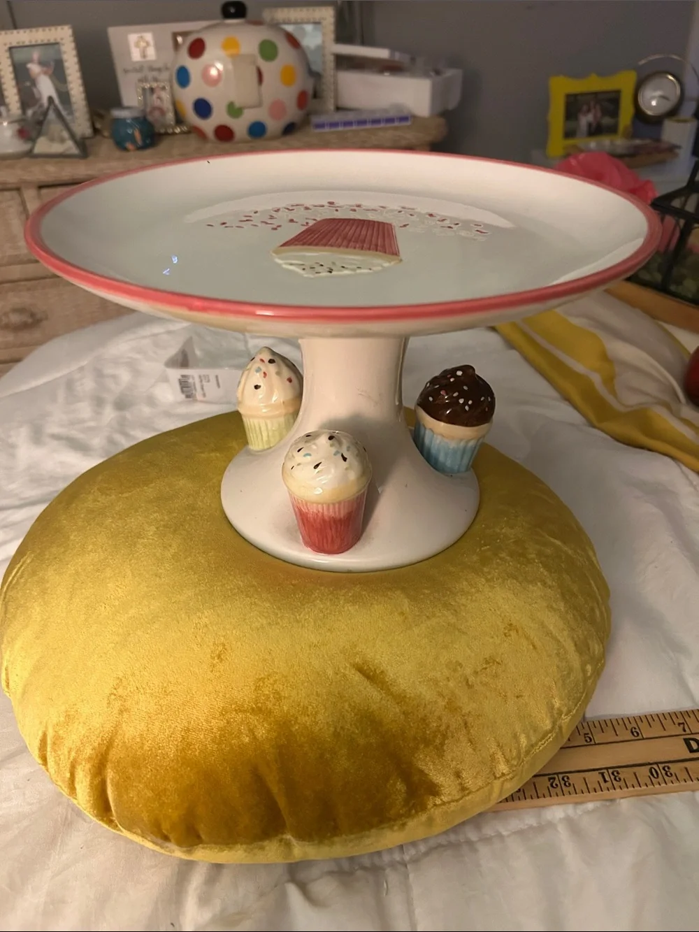 Ceramic Cupcake Pedestal Cake Stand - Pink Accent Never Used